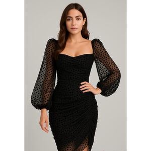 Women's ASTR THE LABEL Black Velvet Burnout Dot Ruched Dress Med Romantic Goth